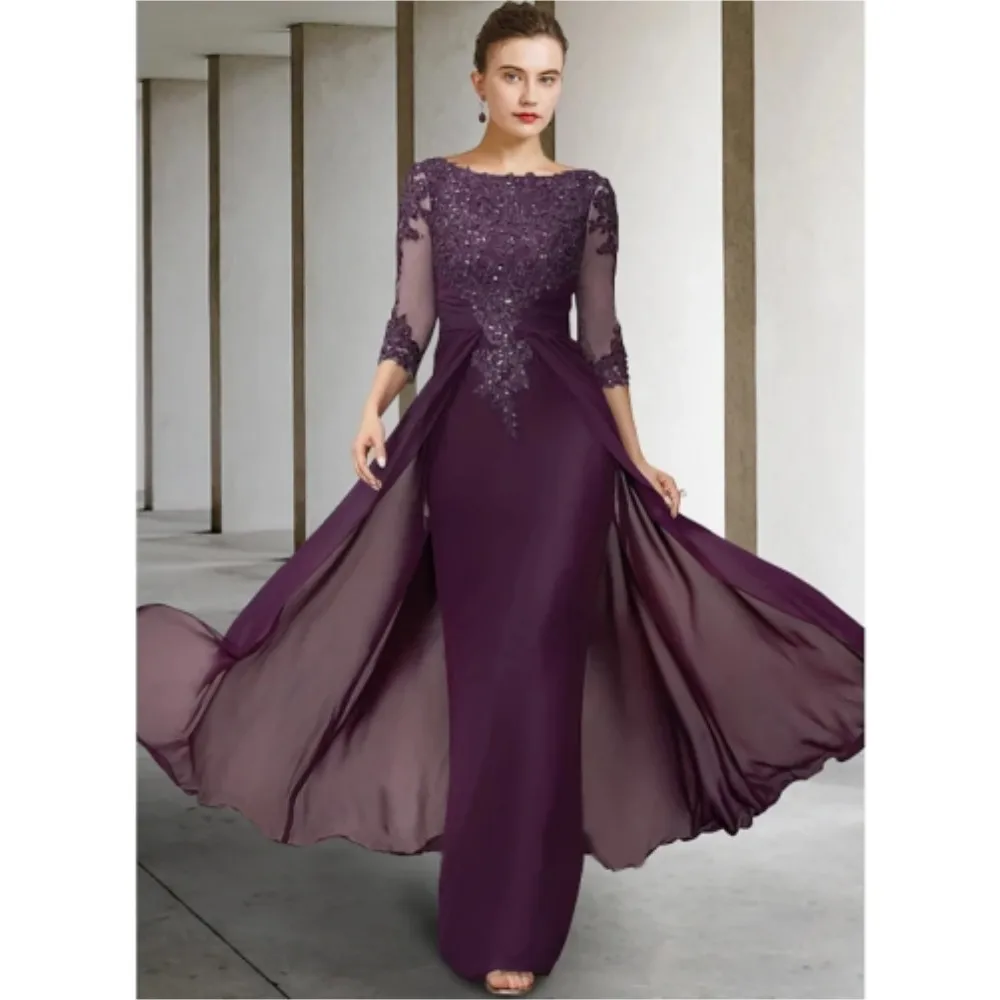 Plus Size Mother of the Bride Dress for Wedding Party Lace Tulle 3/4 Long Sleeve Ladies Formal Evening Prom Gowns Mae Da Noiva