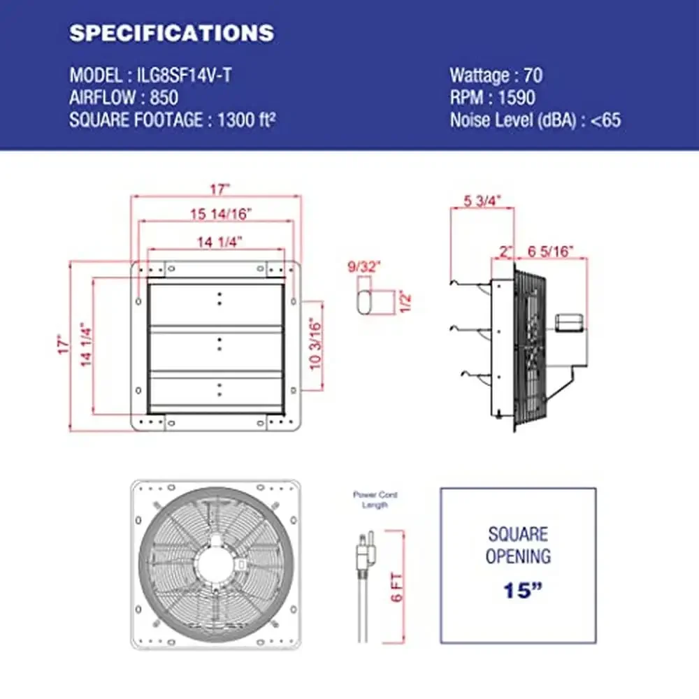 14" Wall Mounted Shutter Exhaust Fan with Thermostat Control 3 Speeds Home Attic Garage Ventilation 850 CFM Weather Resistant