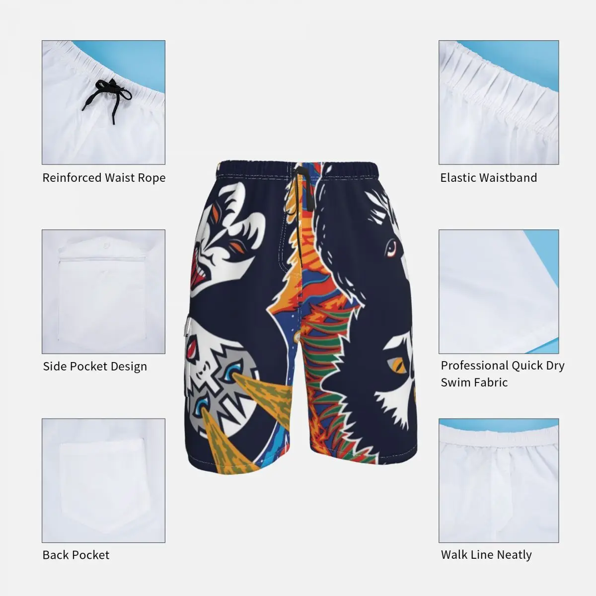 Kiss Band Board Shorts Kiss Music Comfortable Beach Short Pants Men\'s Custom Large Size Swimming Trunks Birthday Present