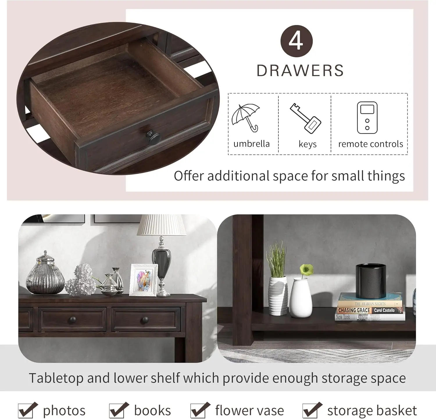 Console Table Hallway Sofa Entryway Side Table 63" Long Furniture with 4 Drawers and Bottom Shelf for Living Room Home Decor 5