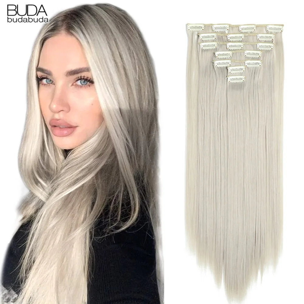 16 Clips Kunsthaarverlängerungen 22 Zoll Lang Glatt Clip-on Haarverlängerungen 7 Stück/Set hitzebeständige Faser Haarteil Für Frauen 16