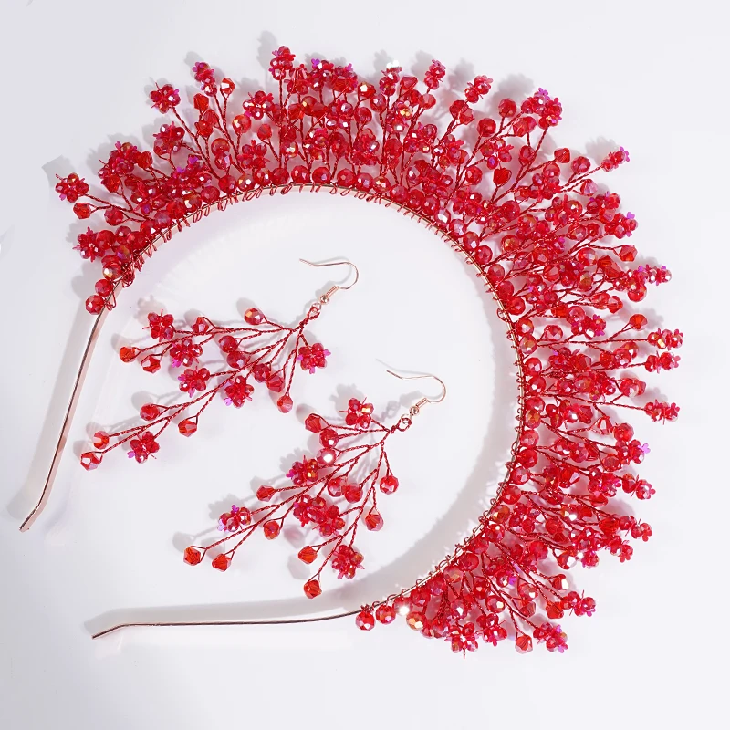 Trendy Red Crystal Bridal Crown Wedding Hair Accessories Woemn Headdress Party Jewelry Bride Headpiece Tiara Bridal Headwear hair accessories bridal hair accessories crown headband bridal jewelry set