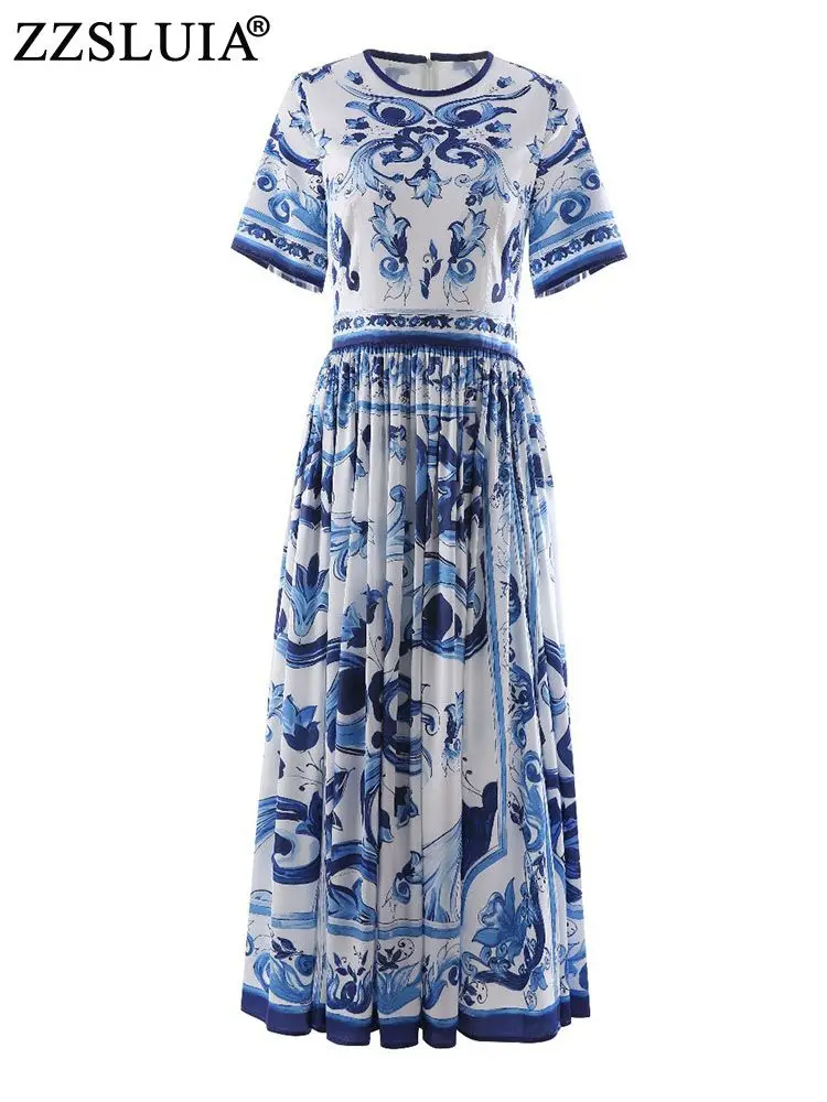 

ZZSLUIA Elegant Dresses For Women Blue And White Porcelain Printed Designer Slim Long Dress Fashion Short Sleeve Summer Dresses