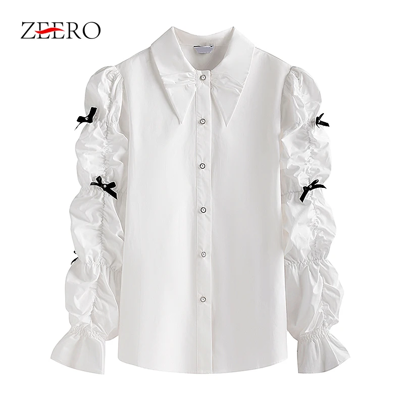 

Korean Women Spring White Slim Puff Long Sleeve Shirt Elegant Ladies Turn Down Collar Bows Blouse Tops Female Solid Blusas