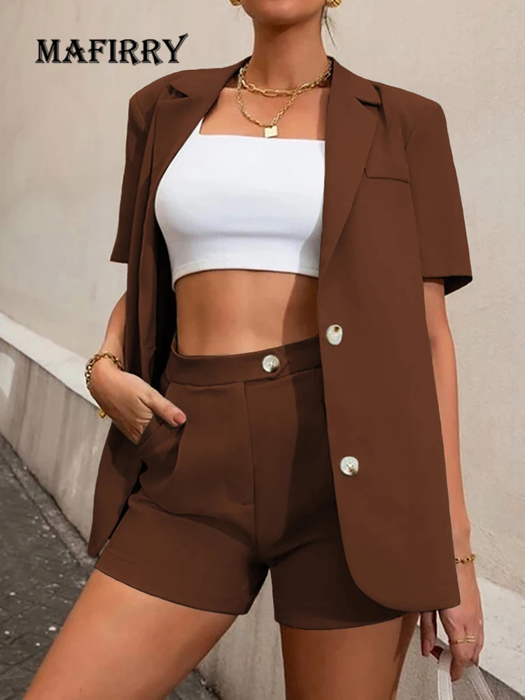 

New Office Women Chic Blazers And Shorts Suit Solid Simple Slim Shorts Matching Set Elegant Female Loose Shorts Two Piece Sets