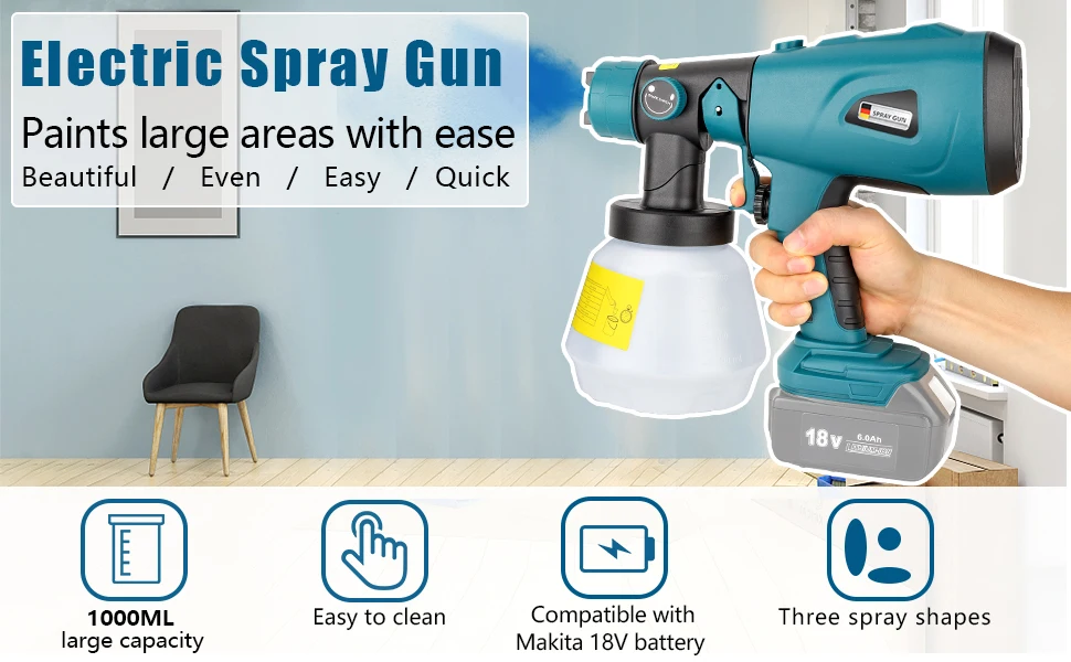Compatible with  battery Cordless Paint Sprayer Handheld HVLP Spray Gun for Furn