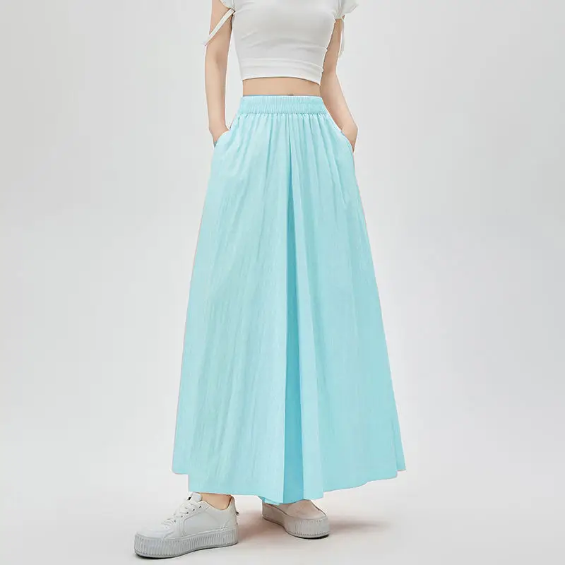 Summer New Fashion Lazy Wide Leg Pants Women's Elastic High Waist Patchwork Pockets Loose Casual Coolness Thin Straight Trousers