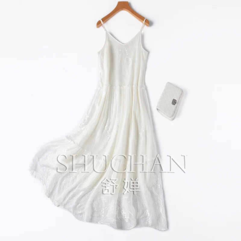 

Spaghetti Strap white dress women thin see though natural silk 2024 new lining long dresses for women embroidery summer