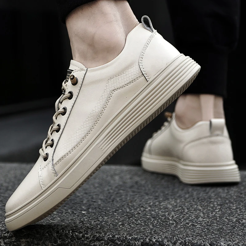 

New Trend Leather Shoes For Men Black Beige Fashion Casual Shoes Mens Comfortable Flats Shoes Man Rubber Sole Walking Shoes Men