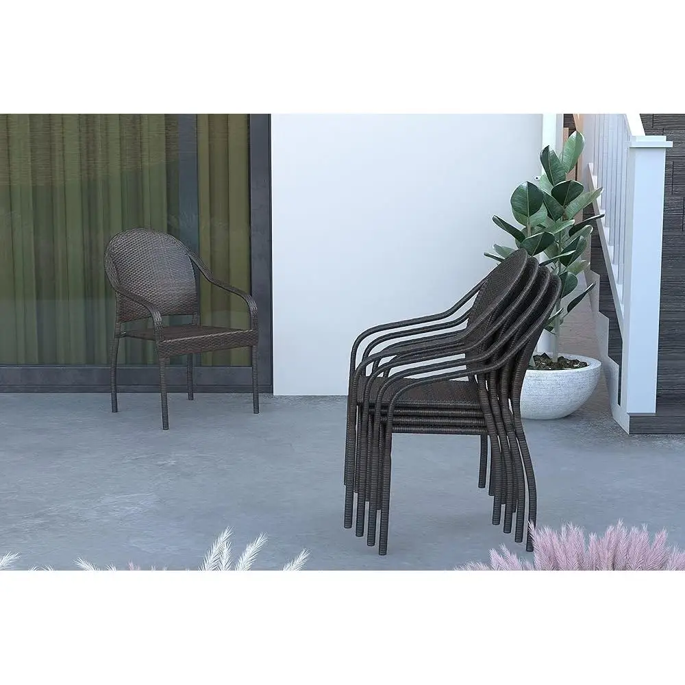 63490 Rhodos Cafe Stacking Chairs in Mocha All Weather Wicker Construction No Assembly Lightweight Indoor & Outdoor Set of 4 2