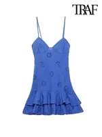 TRAF Women Fashion With Ruffled Cutwork Embroidery Mini Dress Vintage Backless Elastic Thin Straps Female Dresses Vestidos 1