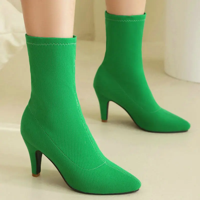 

Sexy Mature Bright Rose Green Violet Color Pointed Toe Spike High Heels Spring Autumn Women Shoes Stretch Fabric Socks Boots