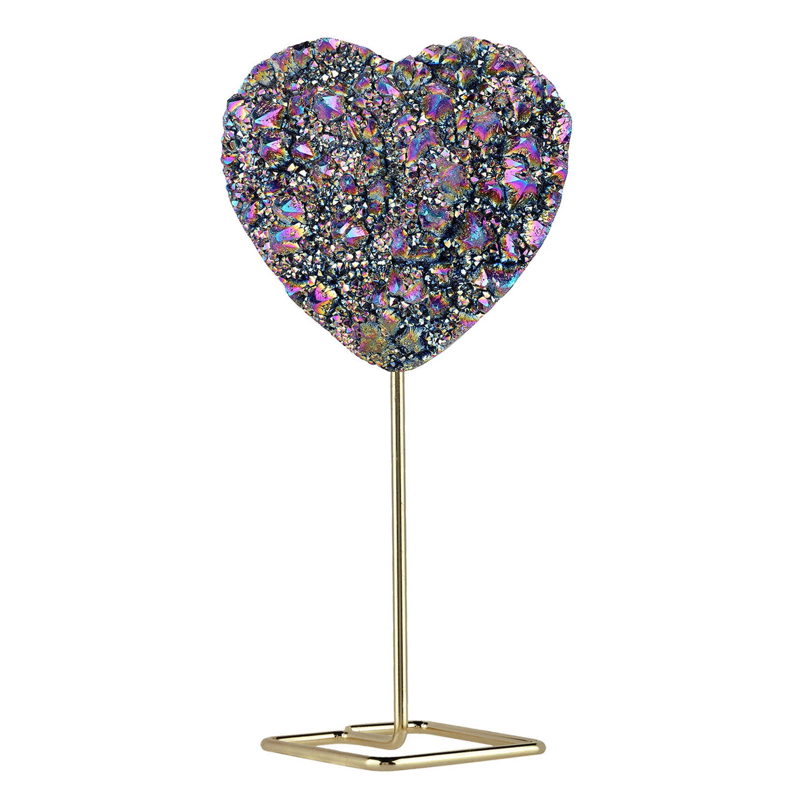 Love Heart Shape Titanium Coated Rock Quartz With Display Stand Healing Crystal Cluster Stone Crafts For Home Ornaments Decor natural aura crystal irregular electroplating titanium coating rock quartz cluster ornament with stand home ornaments room decor