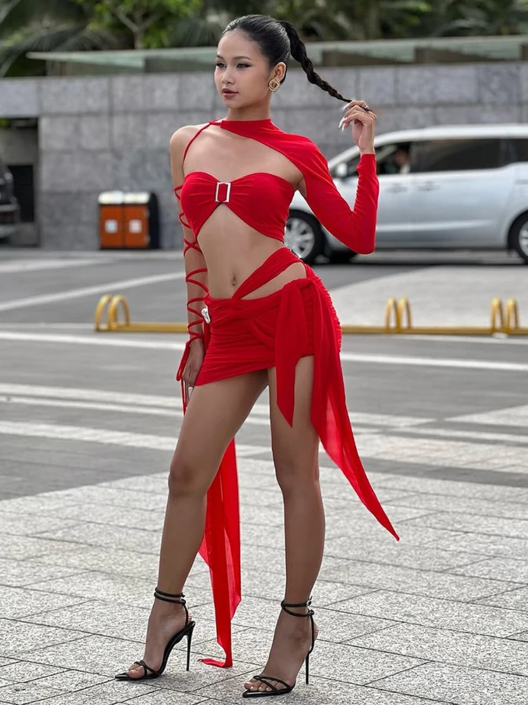 Nibber Christmas Sexy Irregular Bandage 3-Piece Set Women Chest Wrapped+Chic Sleeve+Lace-Up Skirt Matching Hottie Party Outfits