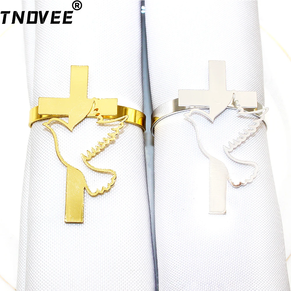 Peace Dove Cross Napkin Rings 6Pcs Metal Napkin Ring Holder Gold Buckles for Religious Gift Supplies Party Table Decor