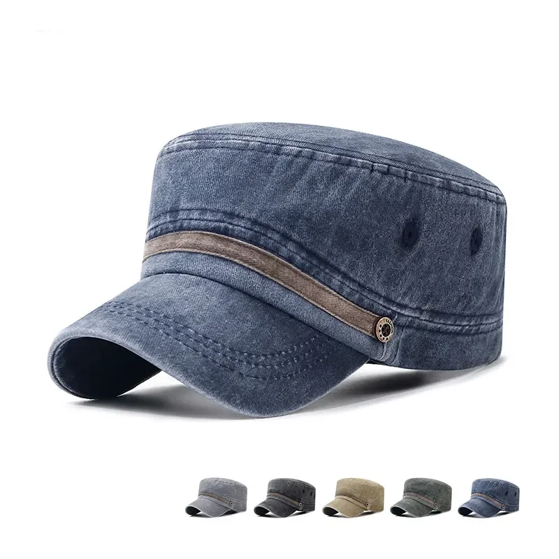 Cotton Sun Cap Washed Hat Distressed Cotton Flat Top Hat Cotton Breathable Button Cap Young And Middle-Aged Dad Outdoor Sun