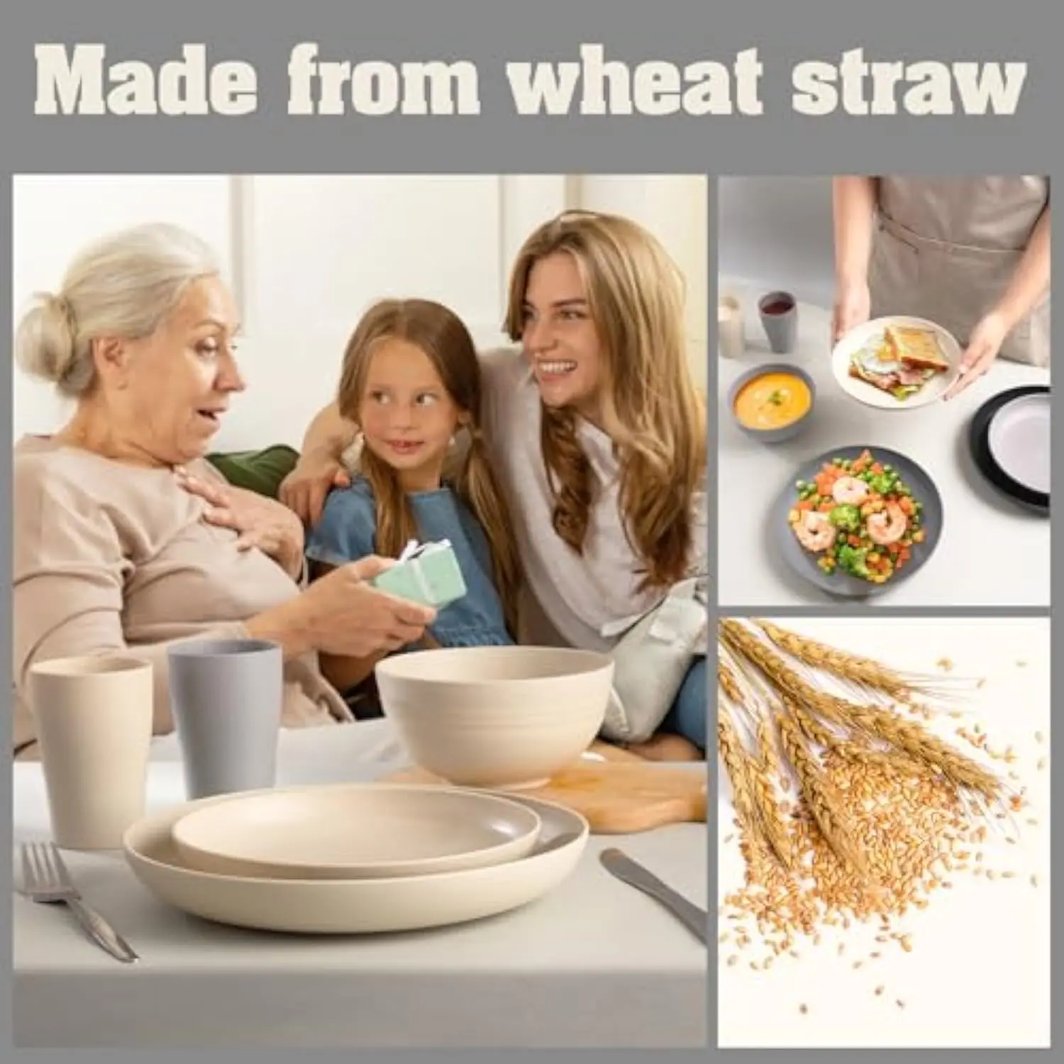 Wheat Straw Dinnerware Sets, 32Pcs Plastic Plates and Bowls Sets for 8, Unbreakable Reusable Wheat Straw Bowls Plates Cups Dishe