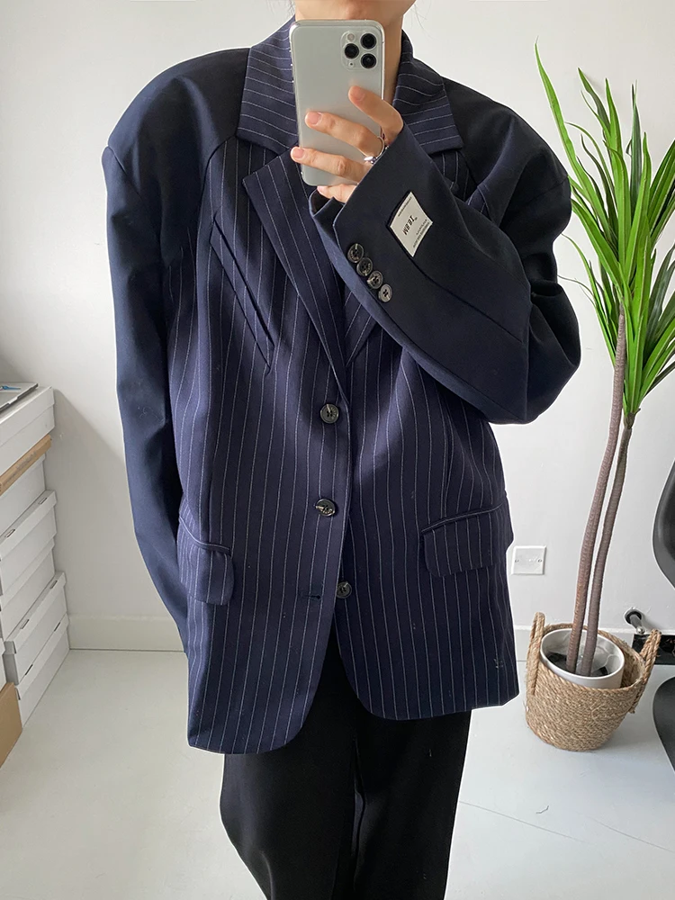 

SuperAen Korean Style Shoulder Padded Blazer Navy Blue Stripe Panels Loose Suit Women Fashion Jacket Coat