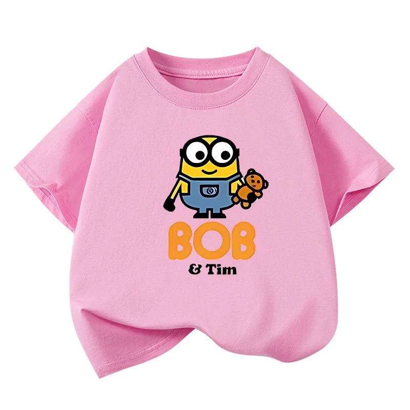 여름용 아동용 100% 면 티셔츠, 귀여운 미니언즈 프린트, 남아 및 여아 모두에게 적합, 편안한 반팔 상의