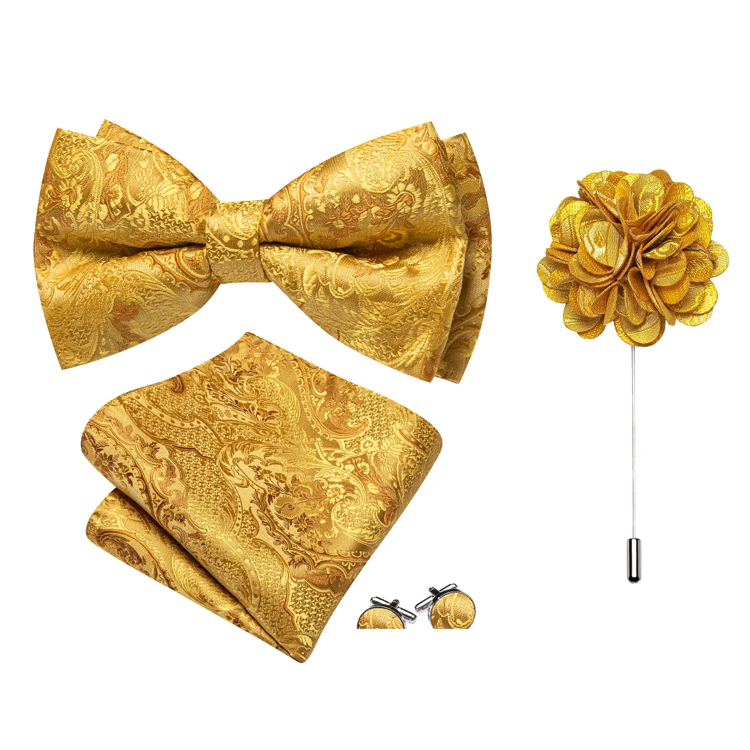 Barry.Wang Jacquard-Fliege für Herren, goldgelb, floral, Paisley, vorgebundene Fliege, Einstecktuch, Manschettenknöpfe, Broschen-Set, vorgebundene Hochzeitsfeier – Detail 6