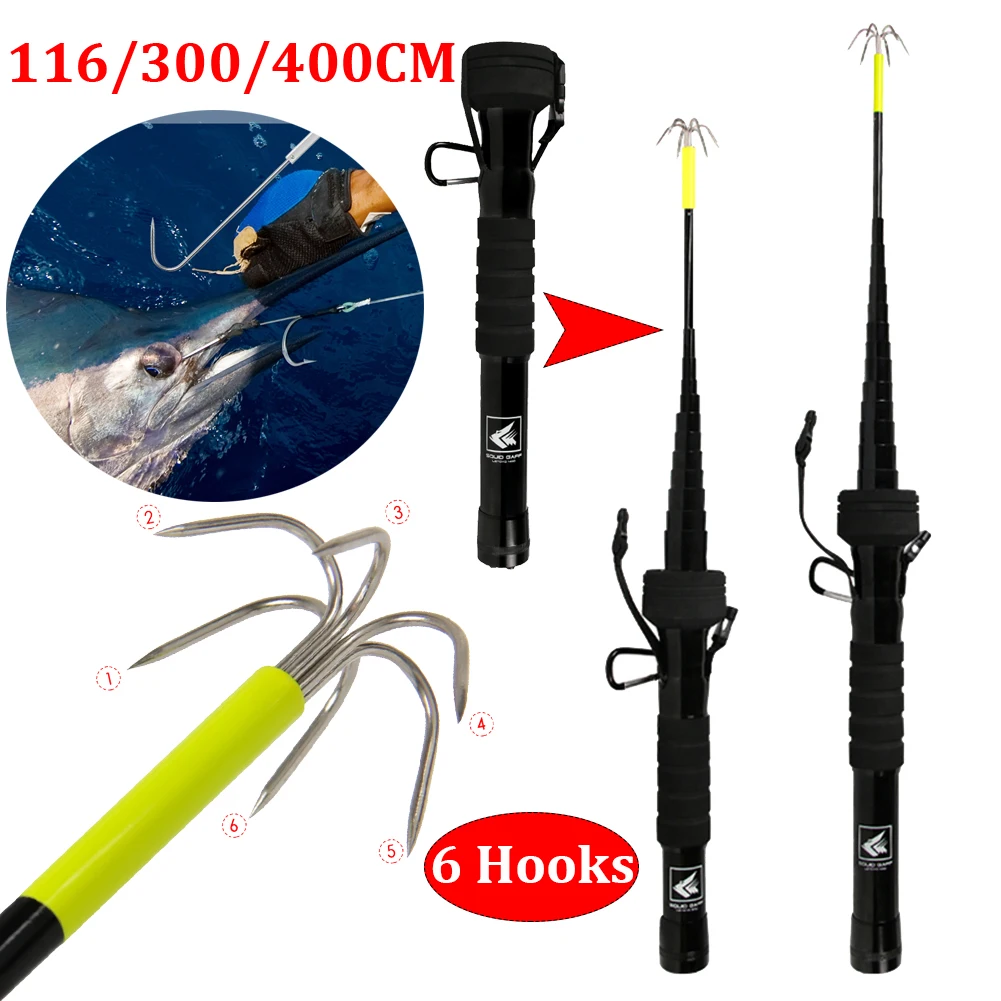 Retractable Squid Gaff 300/400CM Stainless Steel Six Hooks Corrosion