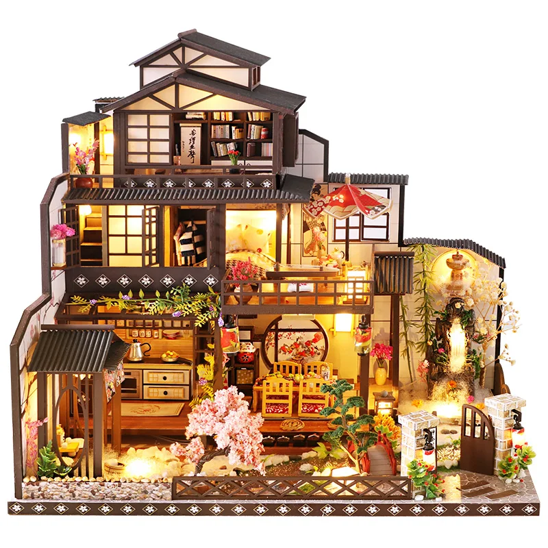 DIY Wooden Doll Houses Japanese Casa Miniature Building Kits with Furniture Led Large Villa Dollhouse for Adults Birthday Gifts 4