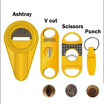 Yellow Classic 4 Cigar Set Cigar Cutter Pocket Ashtray V-Cut Sharp Puro Scissors Guillotine Punch Knife Cuba Cigar Accessories