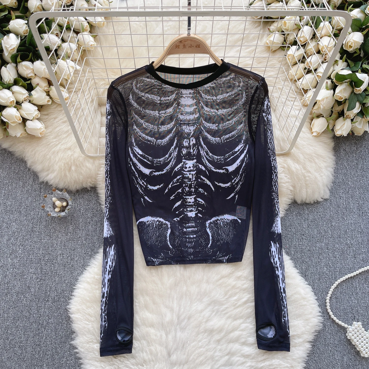 

Vintage Print O Neck Gauze Long Sleeve T Shirt Casual Slim Sexy Chic Thin Tees Women Streetwear Fashion Top