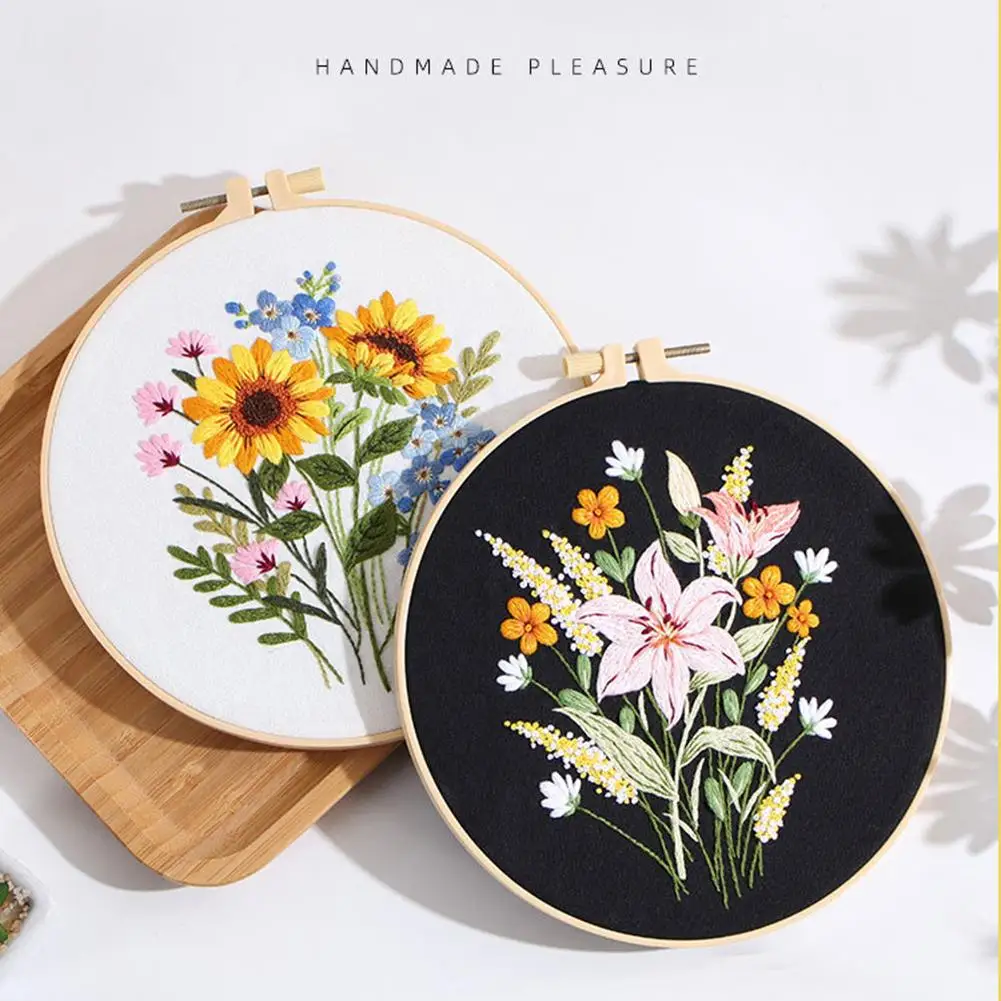 Embroidery Kits Beginners Hand Embroidery Colorful Flower Plant Diy Hoops Needles Threads Punch Needle
