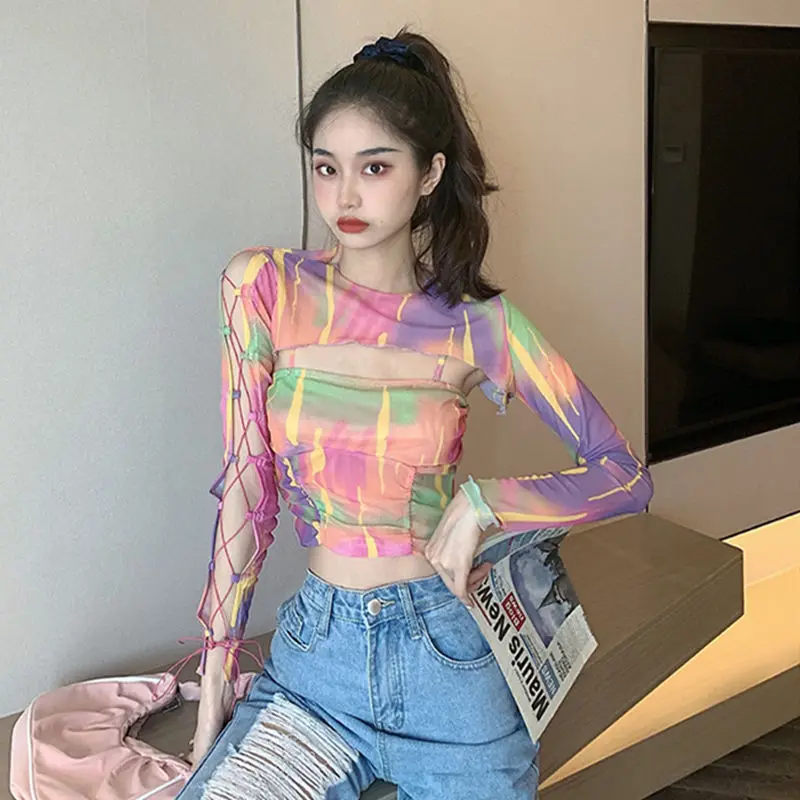 

Сетчатый Дизайн с радужными подтяжками и чистым желанием острой девушки Ранняя весна сексуальный короткий топ на бретельках комплект из двух предметов женская одежда