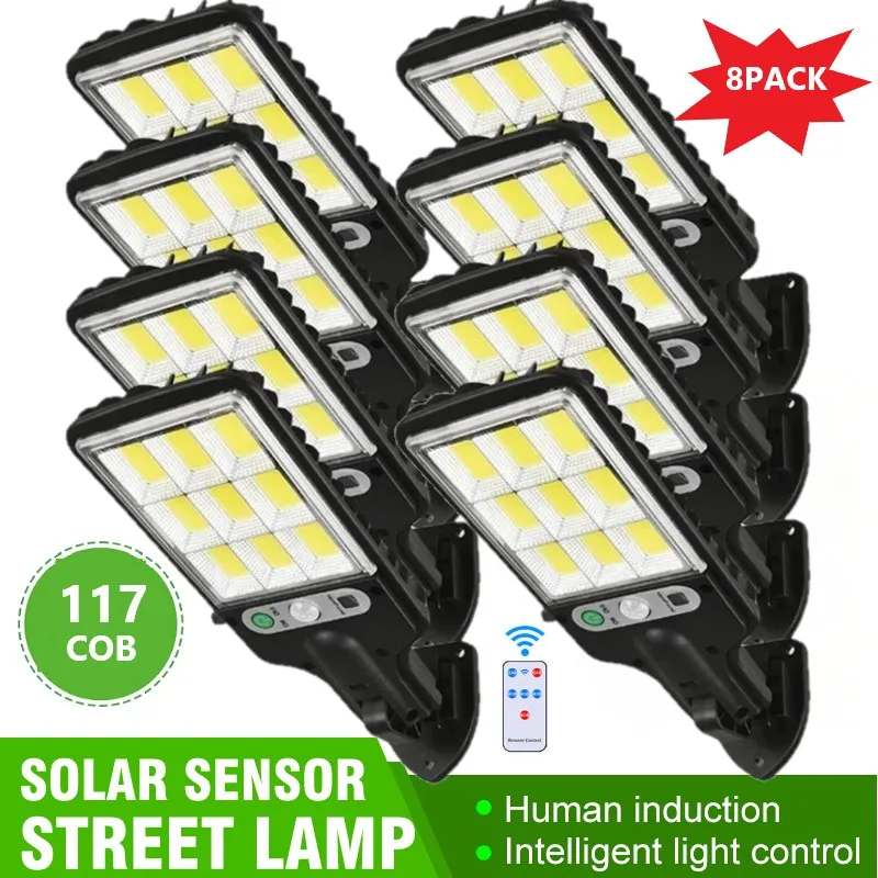 

LED Solar Street Lights Outdoor 117COB 8 Pack Solar Lamp With 3 Light Mode Waterproof Motion Sensor Security Lighting for Garden