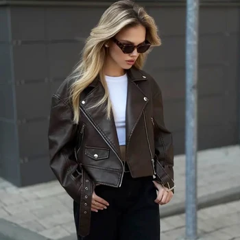 HXAO فو سترة جلدية ملابس خارجية ديمي الموسم البني اقتصاص معطف طويل الأكمام المرأة موتو السائق جاكيت زيبرا معاطف قصيرة 5