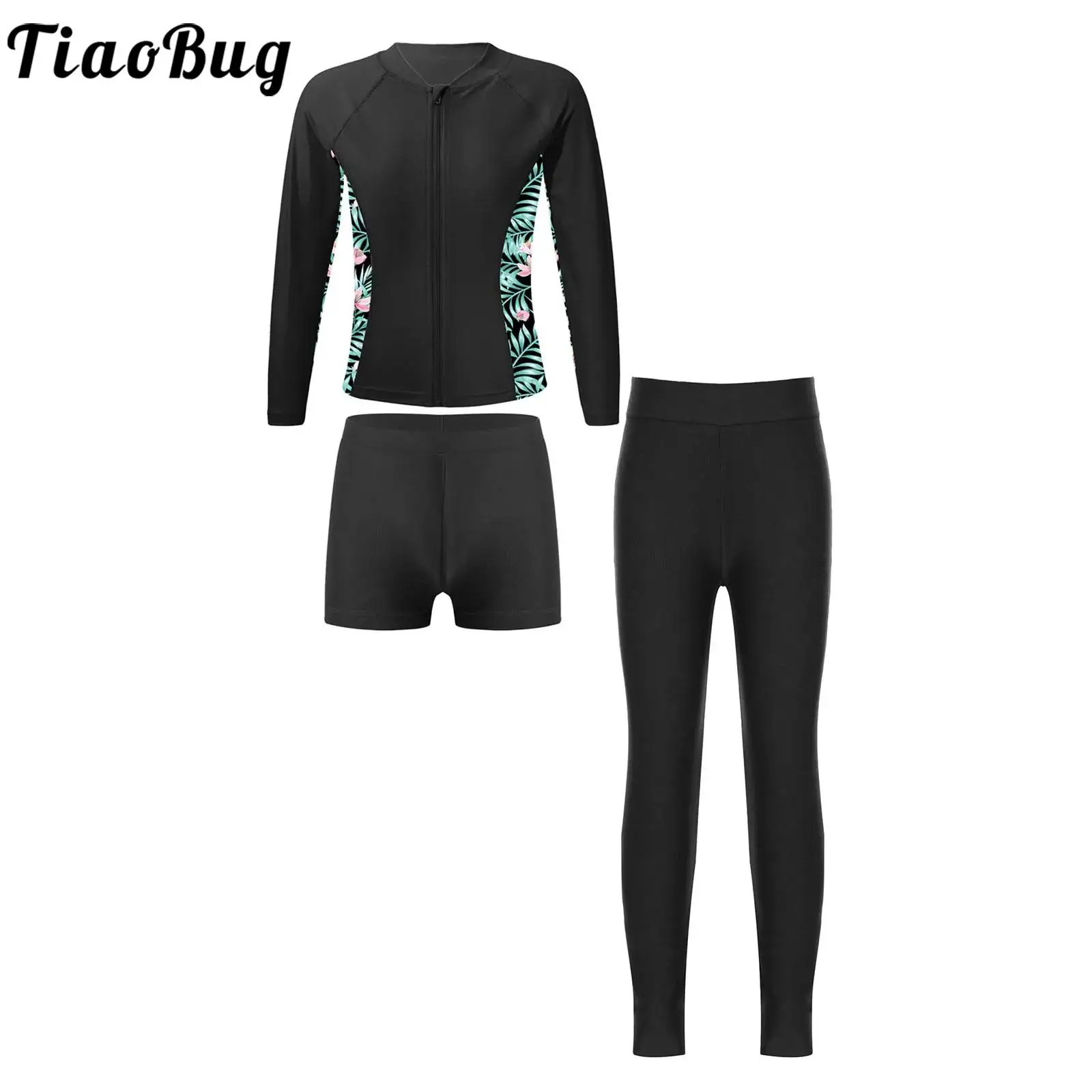

TiaoBug Kids Girls 6 to 14 Years Swimsuit Set Quick Dry Breathable Printed Tops with Shorts and Pants for Bathing Beach Swimming