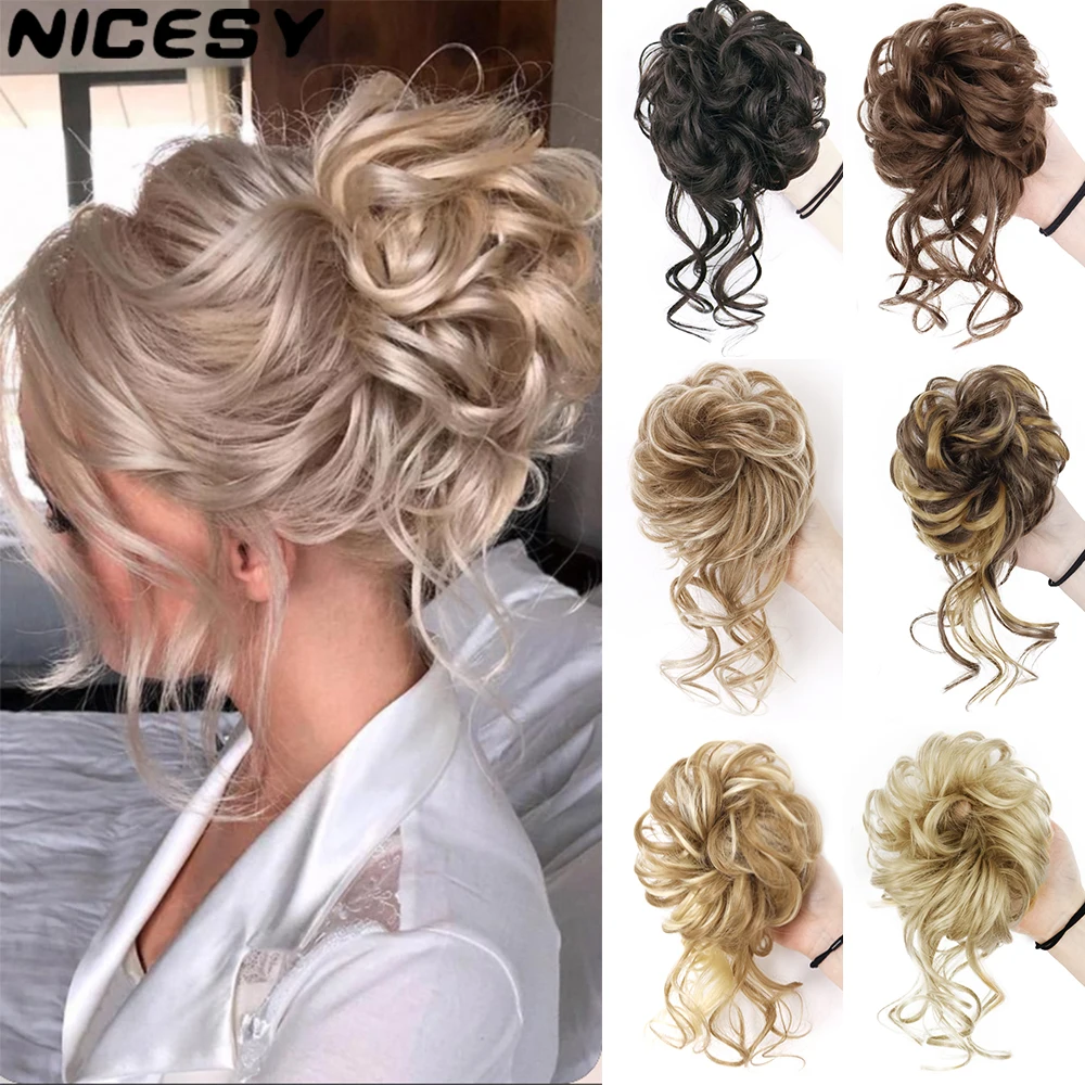 NICESY Synthetic Curly Scrunchie Chignon With Rubber Band Brown Blone Gray Hair Ring Messy Bun Wrap On Hairpieces Extensions