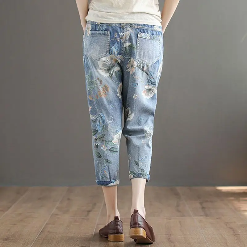 Vintage Fashion Floral Loose Oversized High Waist Straight Women's Clothing Elastic Spliced Pocket 2023 Summer New Cropped Jeans