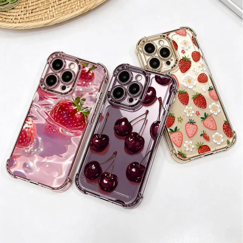 Red Cherry Plating Strawberry Fashion Transparent Shockproof Soft Case
