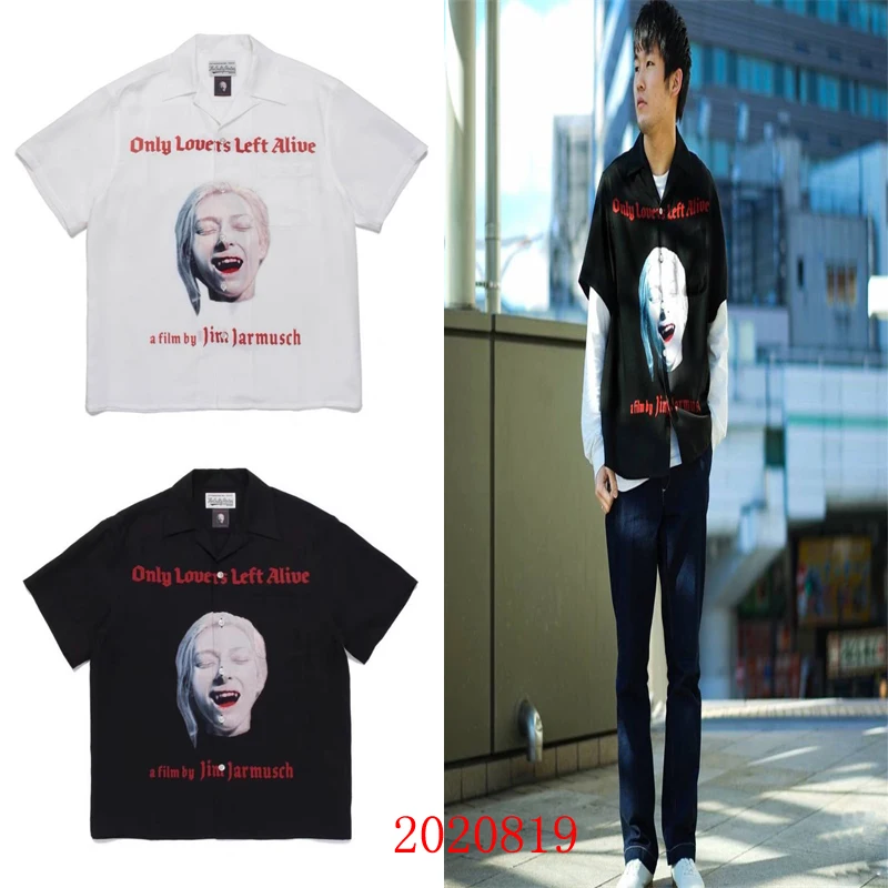 

White Haire Vampire Female Ghost Print WACHO MARIA Shirt Men Women High Quality Hawaii Beach Shirt JAPAN