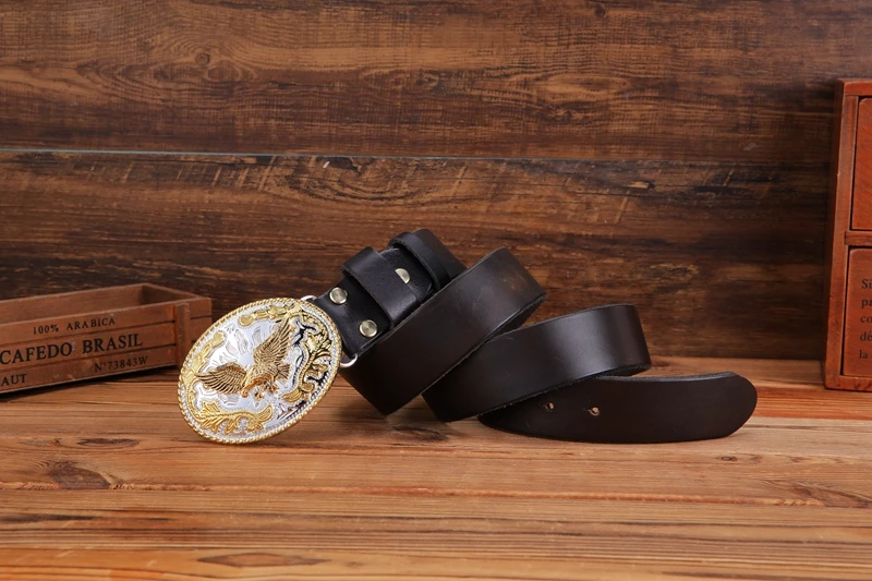 gold eagle big buckle full grain real leather 100% genuine leather hawk mens belts luxury high quality camel brown cowboys women