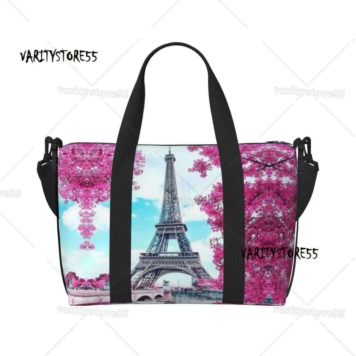 Eiffel Tower Paris Floral Tote Bag for Women Large Capacity Romantic Landscape Beach Gym Travel Bags