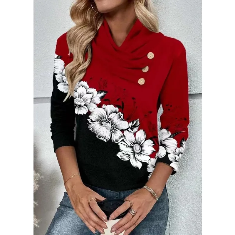 

Fall 2024 New Patchwork Plant Print Elegant Commuting Elegant Button Pile Collar Top