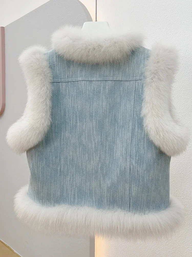 Short Denim Splicing Vest Real Fox Fur Coat Female Young 2023 Autumn Winter New Fur Fluffy Thick Warm Sleeveless Women's Clothes