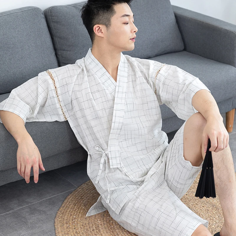 Men Summer Japanese Kimono Set Half Sleeve Shorts Suit Striped Solid Color Sleepwear Spa Sauna Bath Wear Korean Casual Pajamas