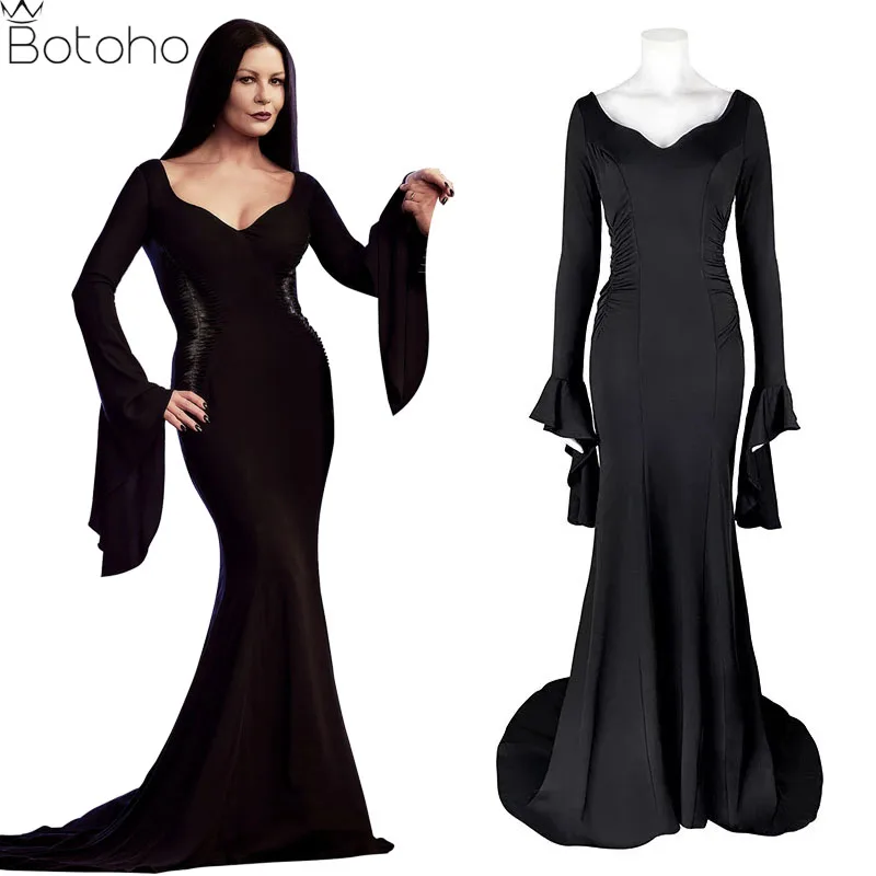 

Wednesday Addams Family Morticia Cosplay Costume Wig Black Sexy Up Slim Party Evening Dress For Women Halloween Carnival Clothes