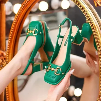 Women Mid-heel 5.5CM new Summer French Style Back Empty Female Thick Heel Square Toe Mary Jane Shoes 1