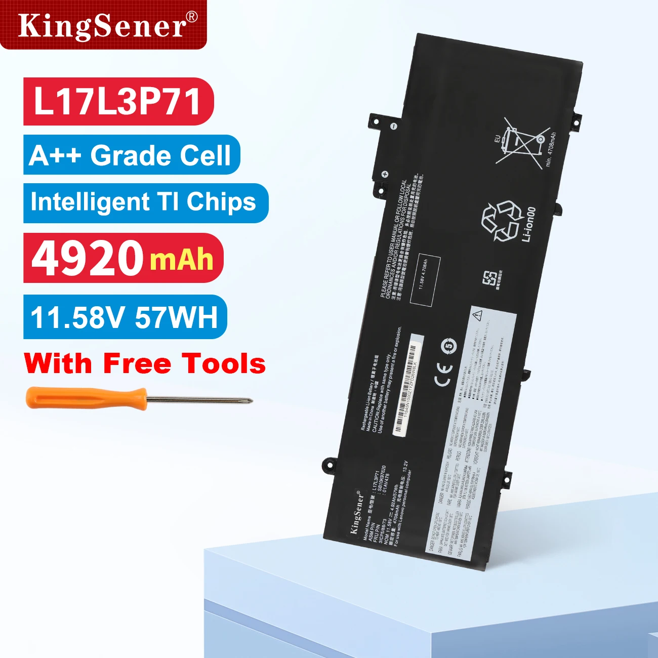 KingSener 노트북 배터리, 레노버 씽크패드 T480S 시리즈, 01AV478, SB10K97620, 01AV479, 01AV480, L17M3P71, L17S3P71, 57WH 용, L17L3P71 