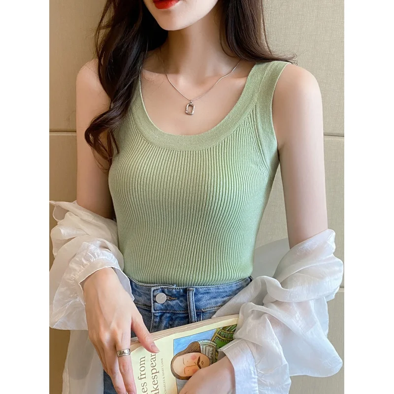 

Ice Silk Spring/Summer Knitted for Women Slim Fit Inner Wear Base U-Neck Thin Sleeveless Small Sling Vest