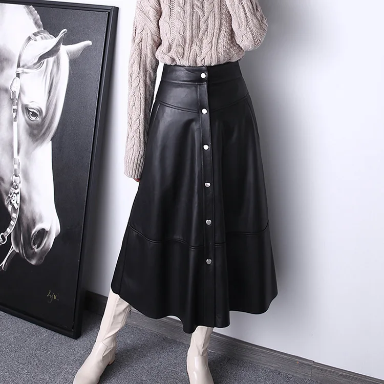 

2023 Women New Genuine Sheepskin High-Waist A-Line Casual Long Leather Skirt E9