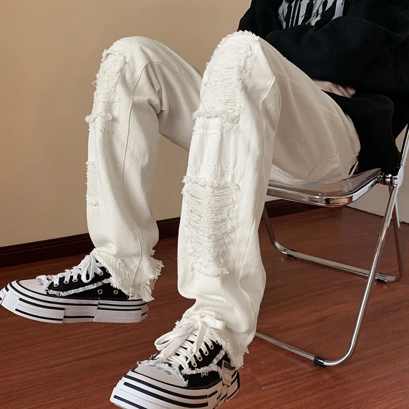 Jeans men's ripped pants American high street trendy slim fit versatile straight leg micro flared pants men 2