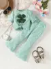 St. Patrick's Day Girls' Short sleeved Bell bottom Pants Set Beaded Embroidered Clover Clover Short sleeved Pants Two piece Set 1