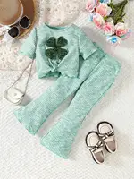 St. Patrick's Day Girls' Short sleeved Bell bottom Pants Set Beaded Embroidered Clover Clover Short sleeved Pants Two piece Set 1